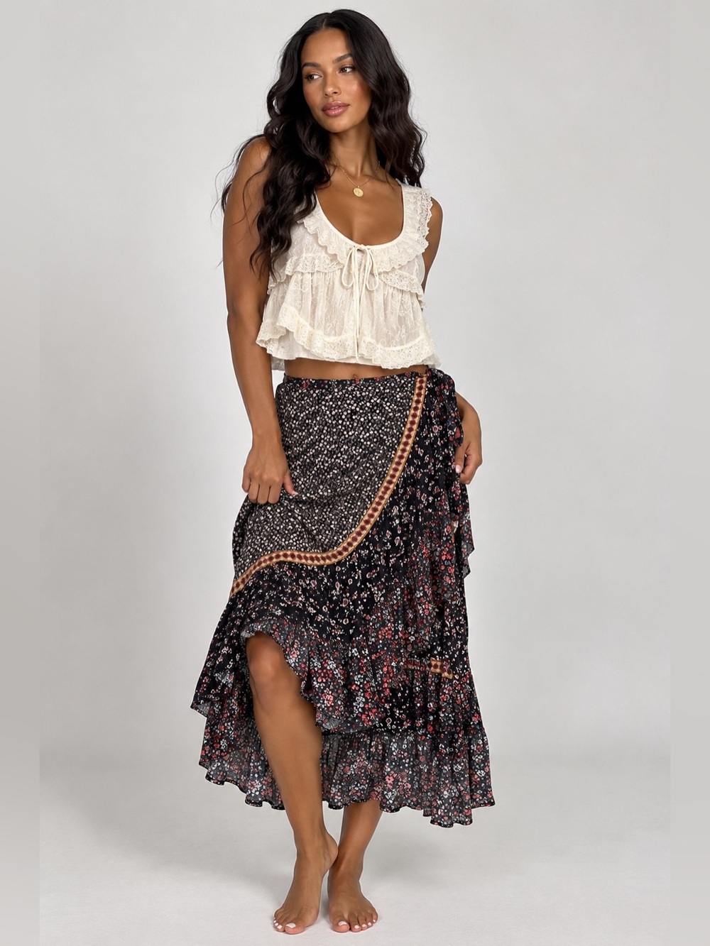 Free People Esmerlda Wrap Black Floral High-Low Wrap Skirt with Rust Trim